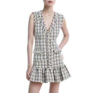 LIKELY Franco Plaid Fray Ruffle Hem Minidress In Grey Multi NWT Size 2